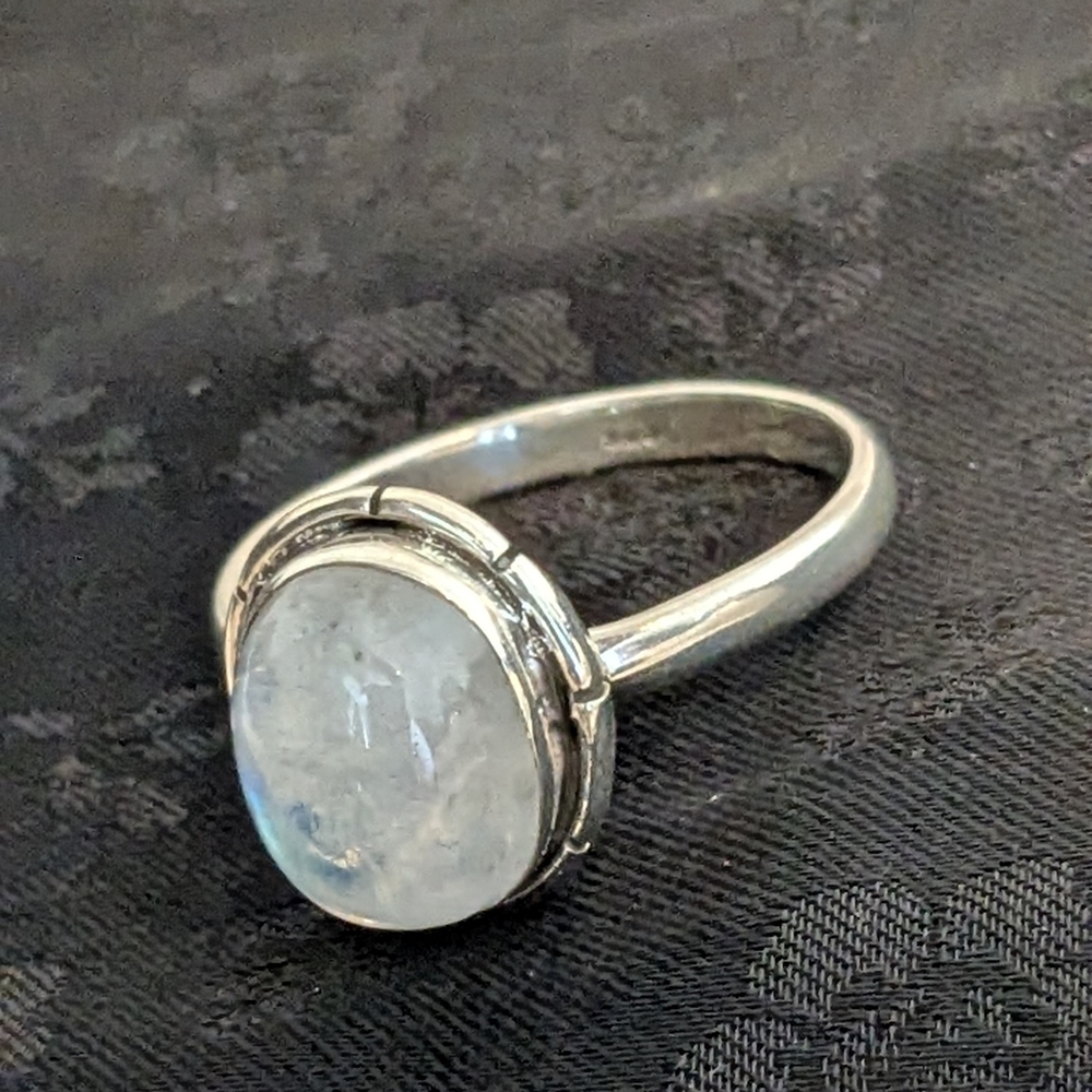 Reserved Solid Sterling Silver Natural Rainbow Moonstone Ring Size 8.5 - Picture 3 of 8